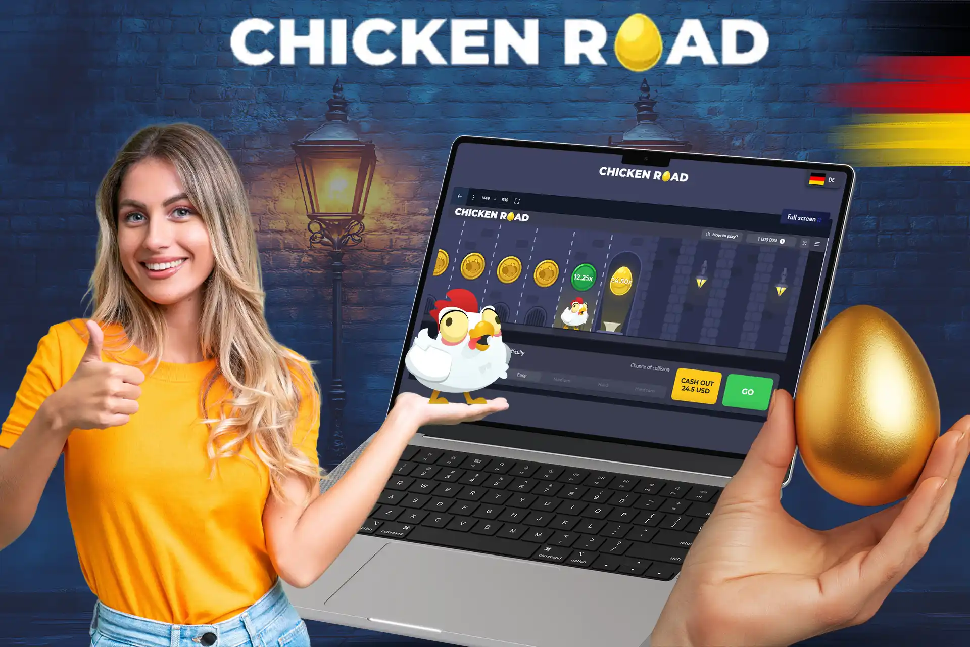 Spiele das Spiel „Chicken Road“, um durch alle Straßen zu gehen und das goldene Ei zu holen